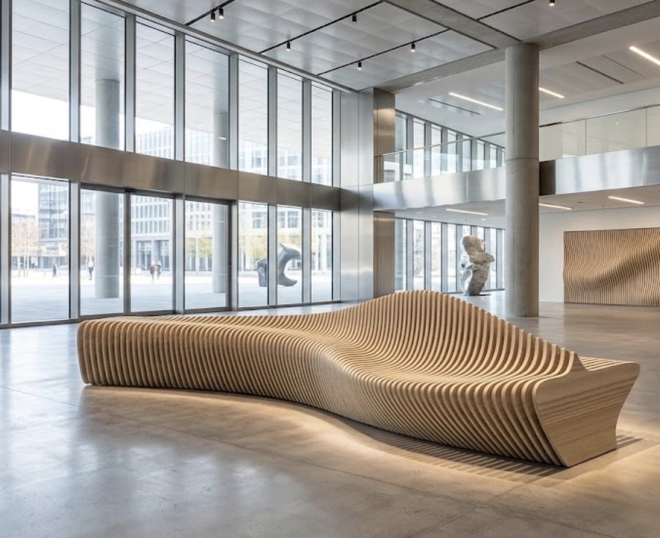Banc d'accueil Onde en frêne lamellé dans un hall d'immeuble