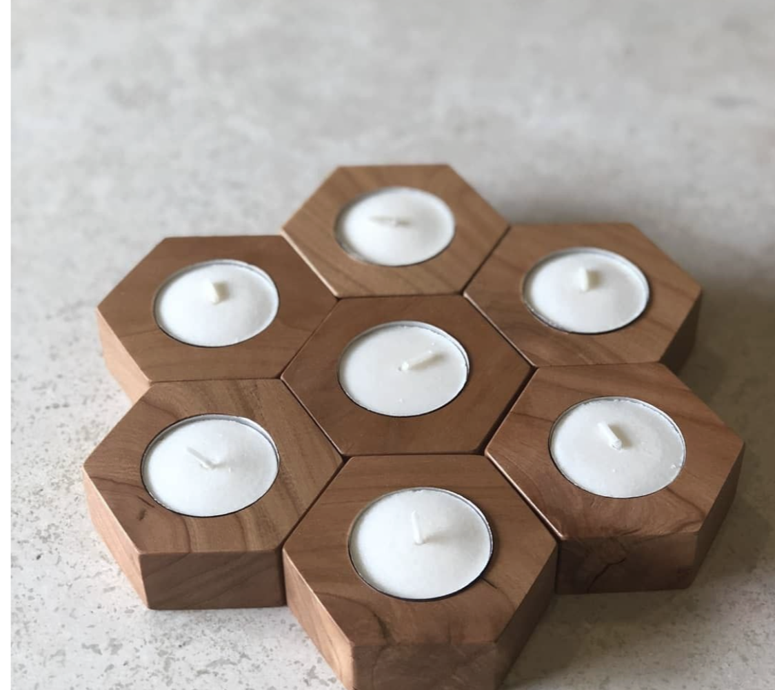 Porte-bougies hexagones en chêne