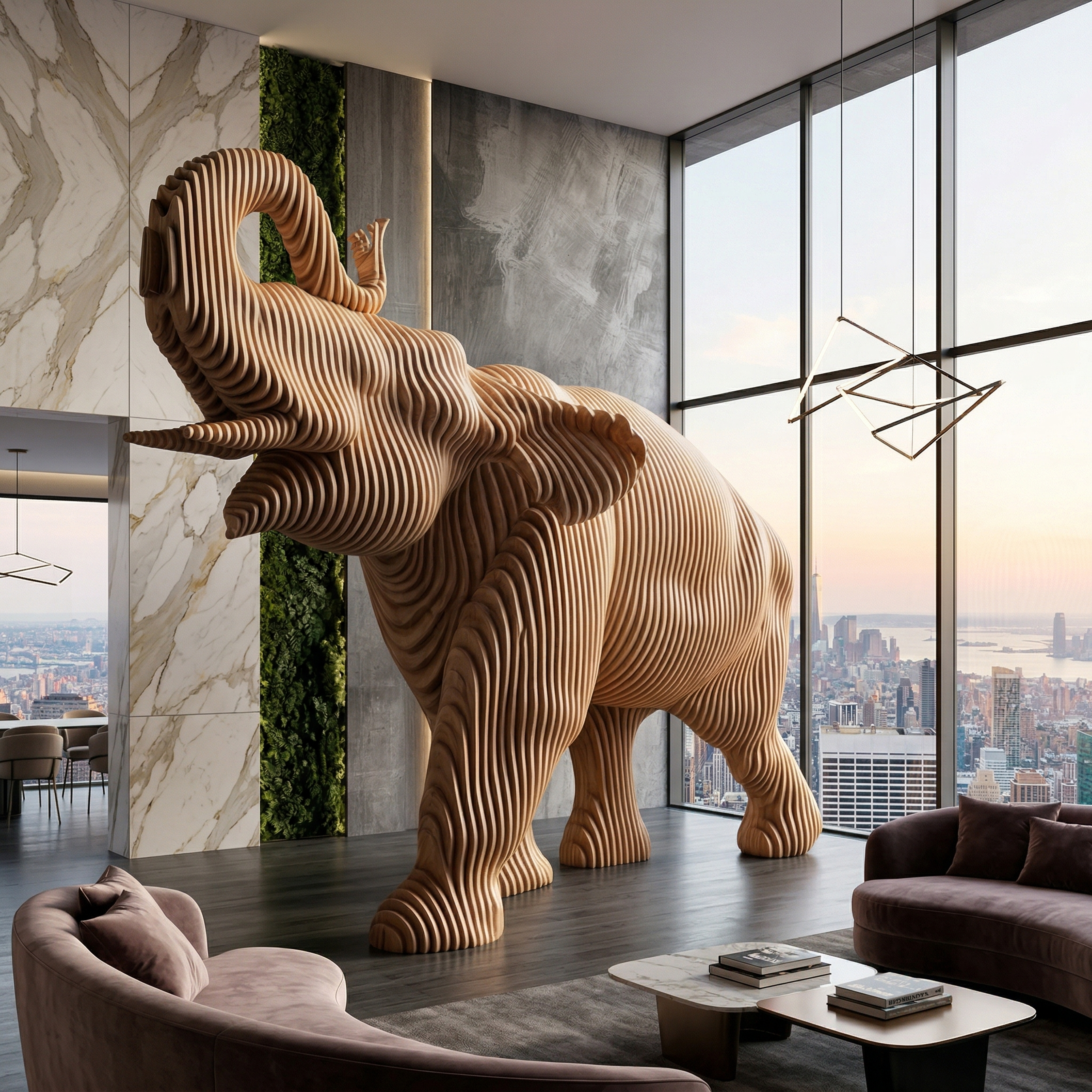 Éléphant grand format dans un séjour panoramique